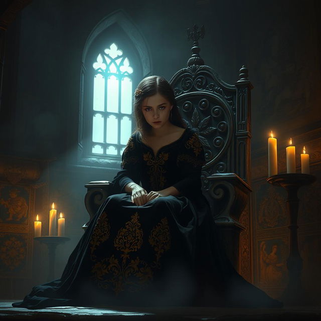 A lonely princess sitting on a stone throne in a dimly lit, ancient castle, her gaze distant and sorrowful