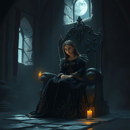 A lonely princess sitting on a stone throne in a dimly lit, ancient castle, her gaze distant and sorrowful