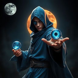 An elegant 25-year-old male sorcerer in a combat stance, poised and ready for action within a dark, ominous environment