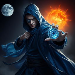 An elegant 25-year-old male sorcerer in a combat stance, poised and ready for action within a dark, ominous environment