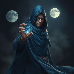 An elegant 25-year old male sorcerer in a combat stance, dressed in flowing blue robes that cascade around him