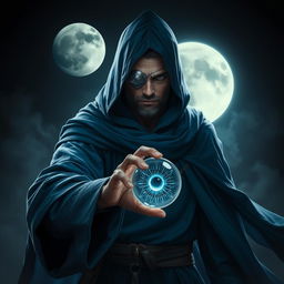 An elegant 25-year old male sorcerer in a combat stance, dressed in flowing blue robes that cascade around him