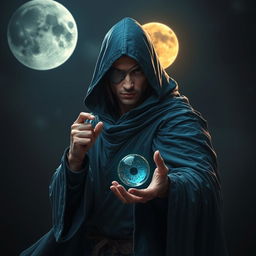 An elegant 25-year old male sorcerer in a combat stance, dressed in flowing blue robes that cascade around him
