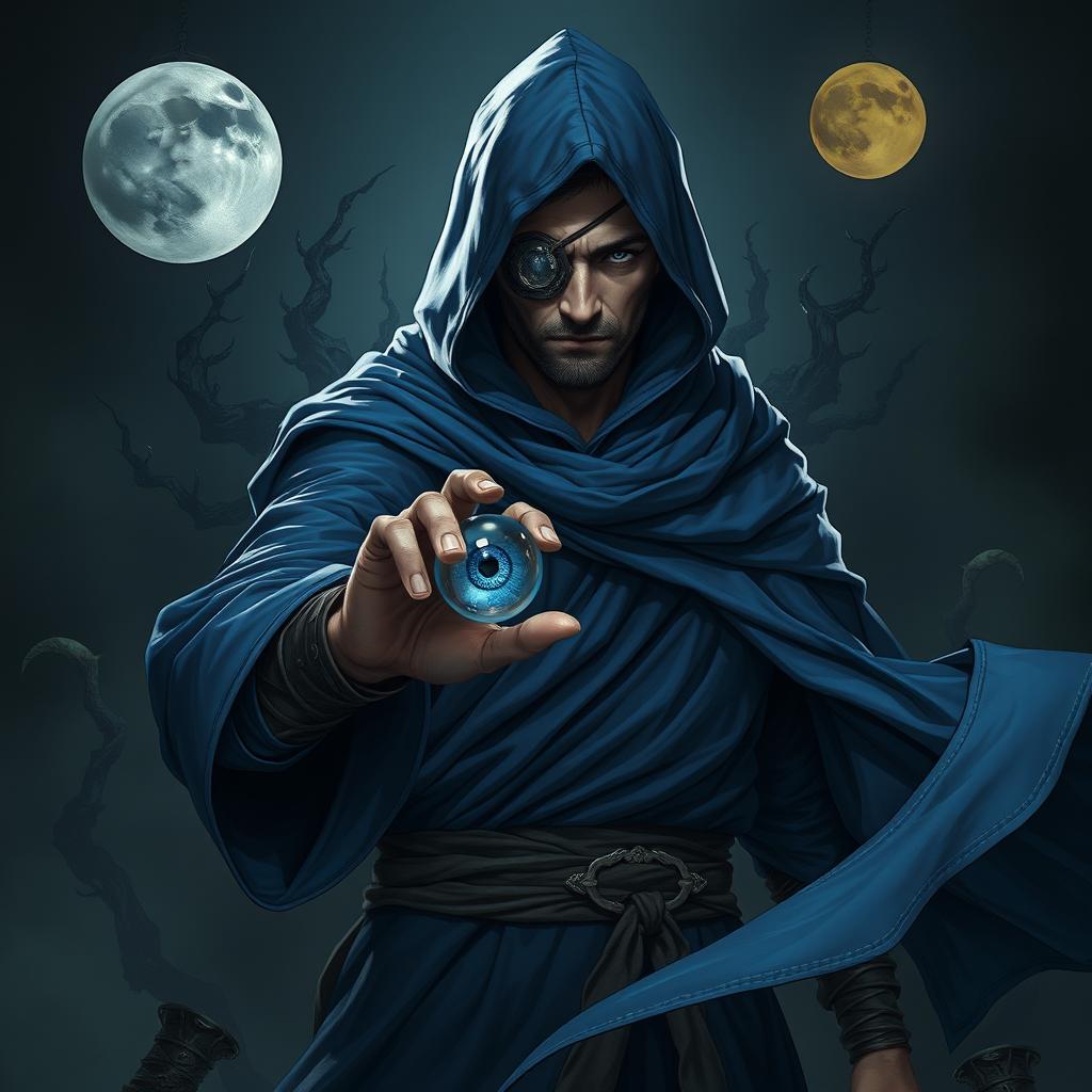 An elegant 25-year old male sorcerer in a combat stance, dressed in flowing blue robes that cascade around him