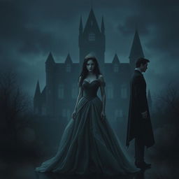 A princess standing in front of a dark and mysterious castle, surrounded by an atmosphere of sadness and intrigue
