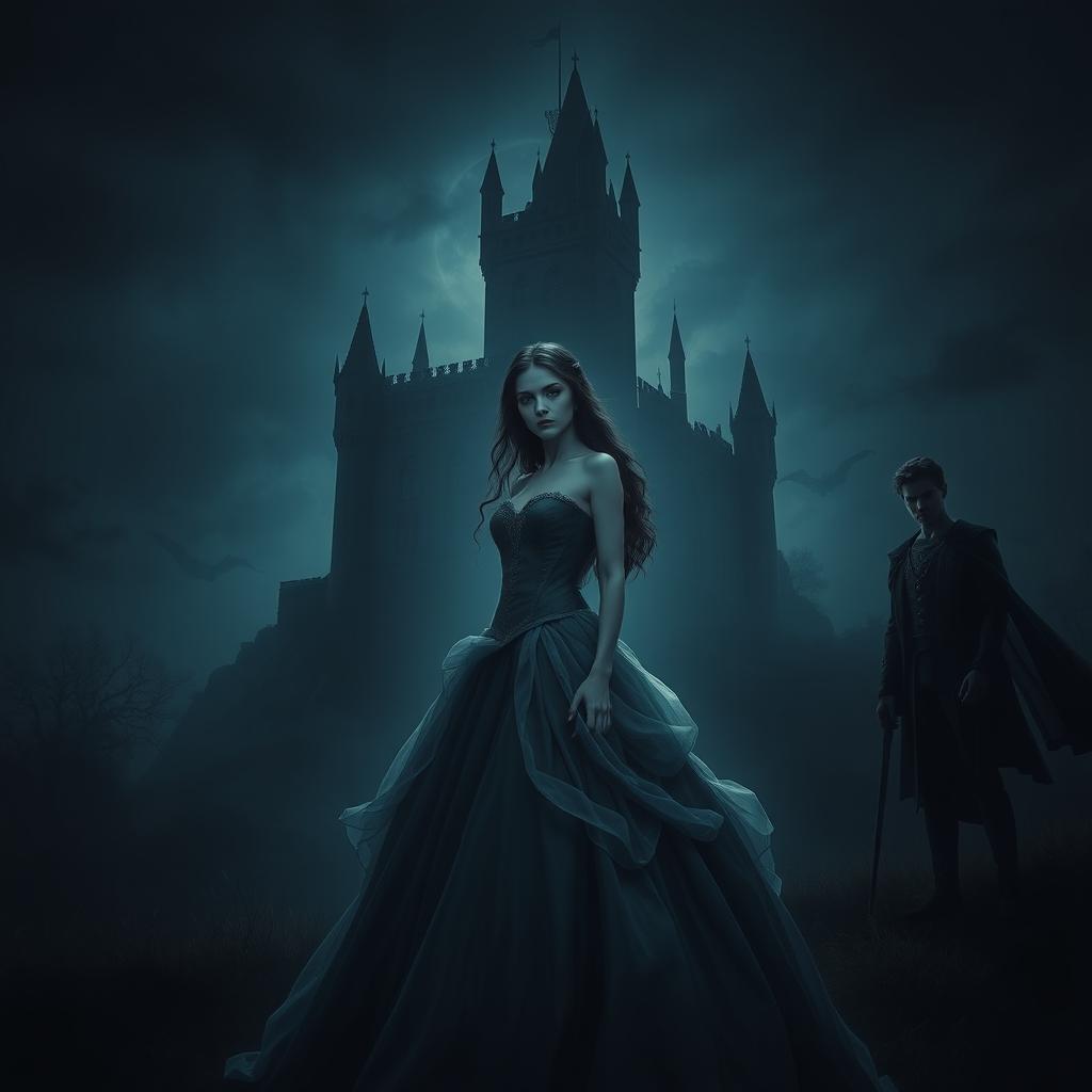 A princess standing in front of a dark and mysterious castle, surrounded by an atmosphere of sadness and intrigue