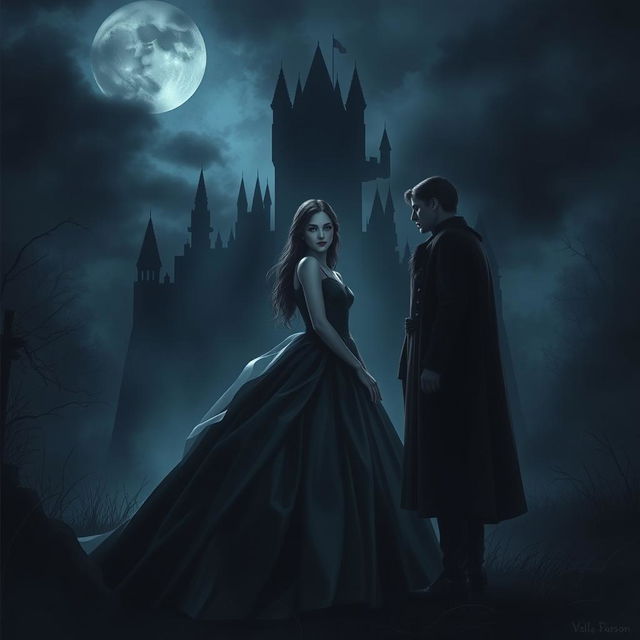 A princess standing in front of a dark and mysterious castle, surrounded by an atmosphere of sadness and intrigue