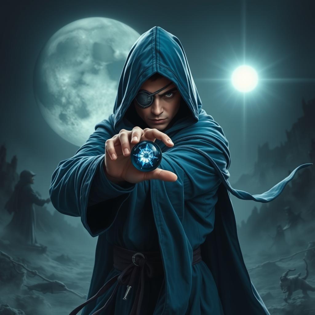 An elegant 25-year old male sorcerer poised in a fierce combat stance within a dark, ominous environment