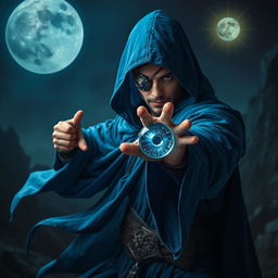 An elegant 25-year old male sorcerer poised in a fierce combat stance within a dark, ominous environment