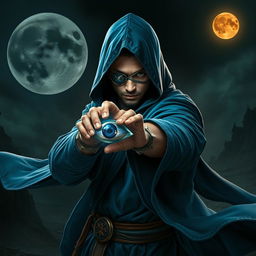 An elegant 25-year old male sorcerer poised in a fierce combat stance within a dark, ominous environment