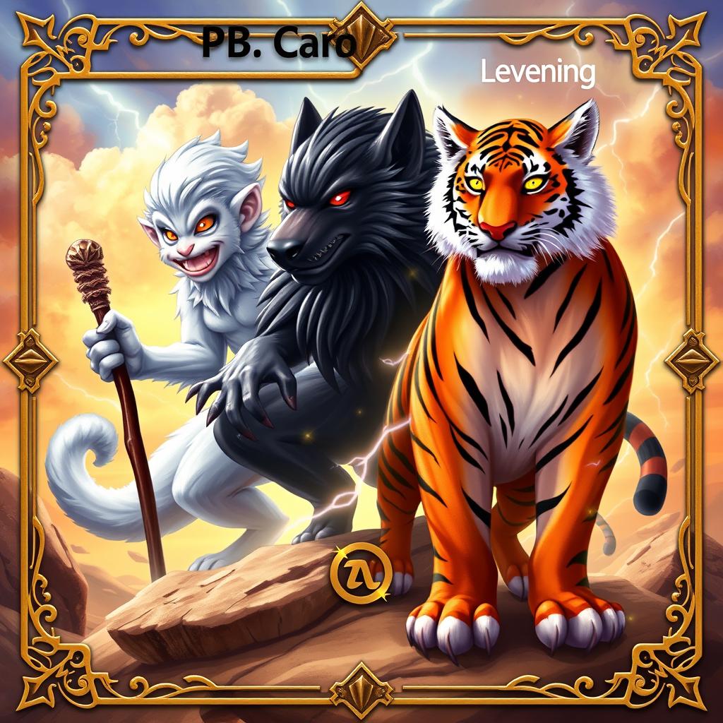 A trading card titled 'The PB Card Shack 3' prominently featuring three mythical creatures: (1) a mystical monkey with pure white fur, wielding a staff as a weapon, showcasing a playful yet mischievous grin; (2) a strong wolf with sleek black fur and glowing red eyes, exuding a powerful presence; (3) a majestic Siberian tiger with vibrant orange fur adorned with bold black stripes, glowing yellow eyes, and a flourish of white fur on its belly, chest, and the back of its legs