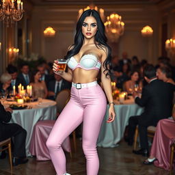 A full-length photograph of a sexy, stunning young woman with pale skin and long black hair, featuring crystal blue eyes highlighted with bright frosted pastel blue eye shadow, thick black eyeliner, and long eyelashes