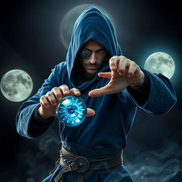 An elegant 25-year-old male sorcerer poised in a combat stance within a dark, ominous environment