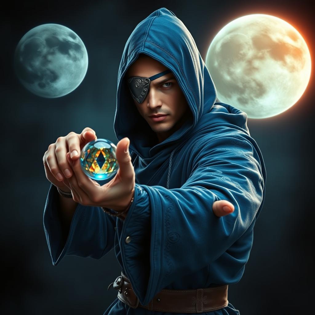 An elegant 25-year-old male sorcerer poised in a combat stance within a dark, ominous environment