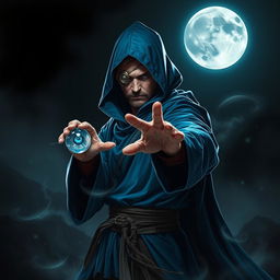 An elegant 25-year old male sorcerer poised in a combat stance within a dark, ominous environment, wearing flowing blue robes