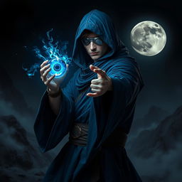 An elegant 25-year old male sorcerer poised in a combat stance within a dark, ominous environment, wearing flowing blue robes