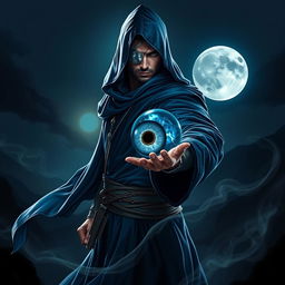 An elegant 25-year old male sorcerer poised in a combat stance within a dark, ominous environment, wearing flowing blue robes