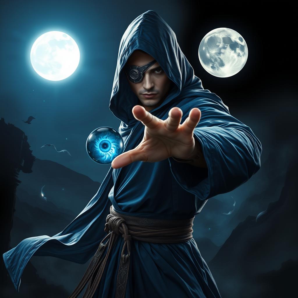 An elegant 25-year old male sorcerer poised in a combat stance within a dark, ominous environment, wearing flowing blue robes