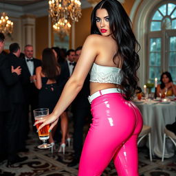 A full-length photograph of a sexy, stunning young woman with pale skin and long black hair, showcasing her striking crystal blue eyes enhanced with bright frosted pastel blue eye shadow and thick black eyeliner