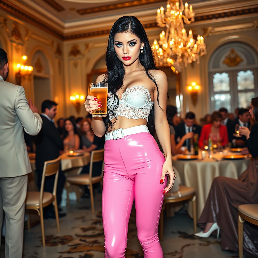 A full-length photograph of a sexy, stunning young woman with pale skin and long black hair, featuring captivating crystal blue eyes adorned with bright frosted pastel blue eye shadow, thick black eyeliner, and long eyelashes