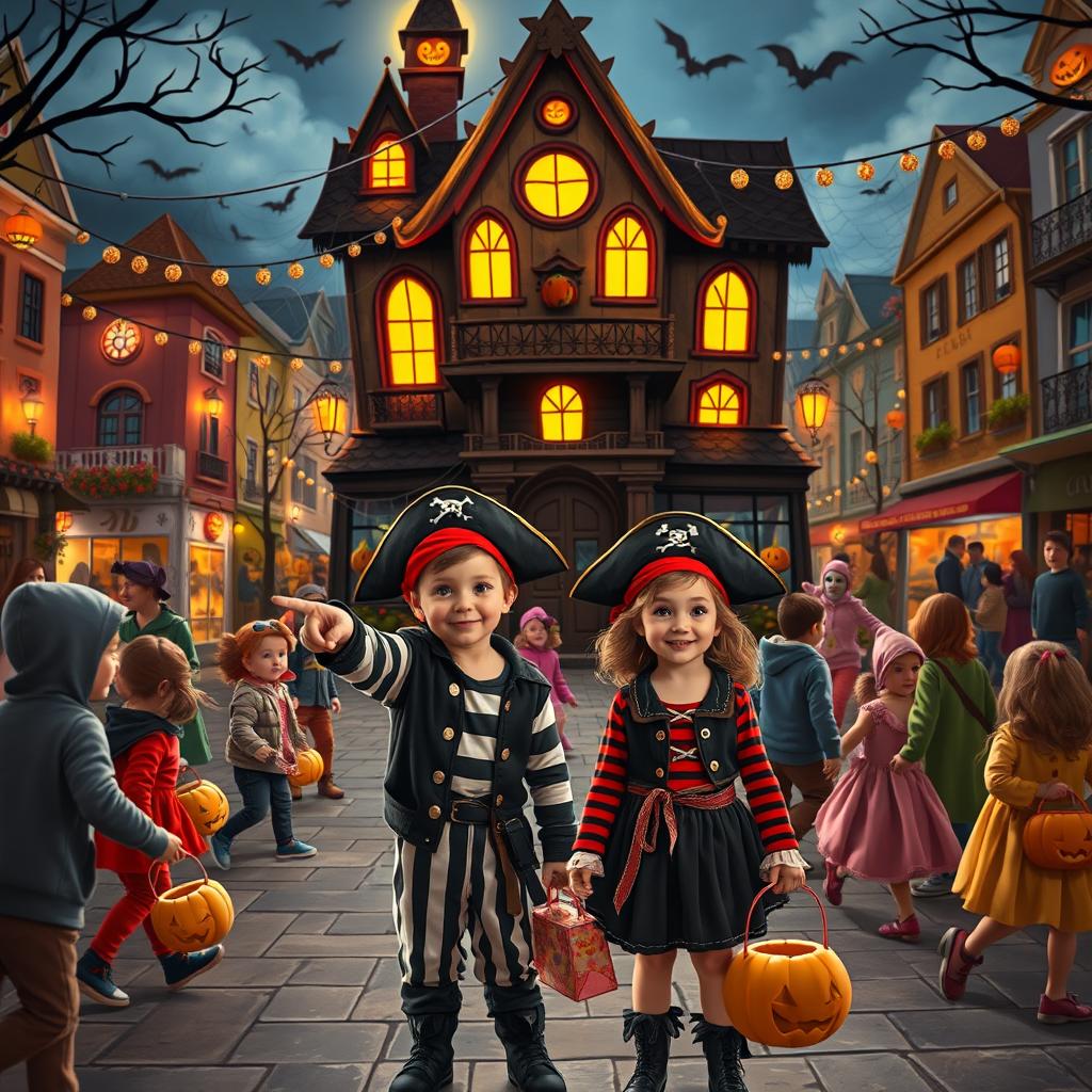 A vibrant Halloween night scene in a bustling town square filled with children in various costumes