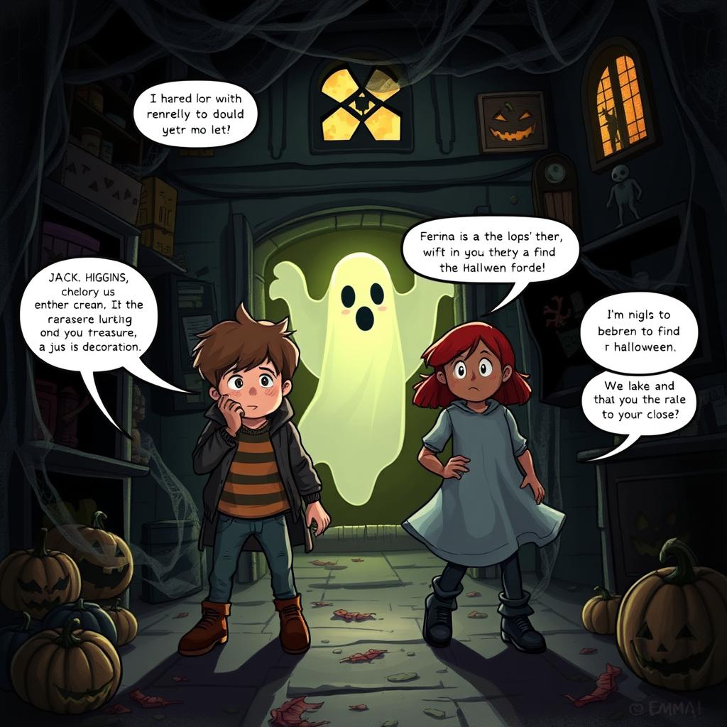 Inside a dark, spooky haunted house filled with cobwebs and eerie decorations, two young adventurers, JACK and EMMA, tiptoe cautiously