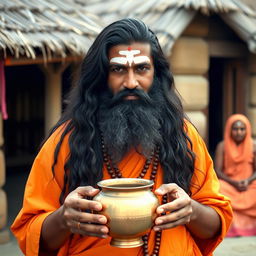 A person with long, wavy black hair and a thick beard, wearing traditional orange robes associated with spiritual figures