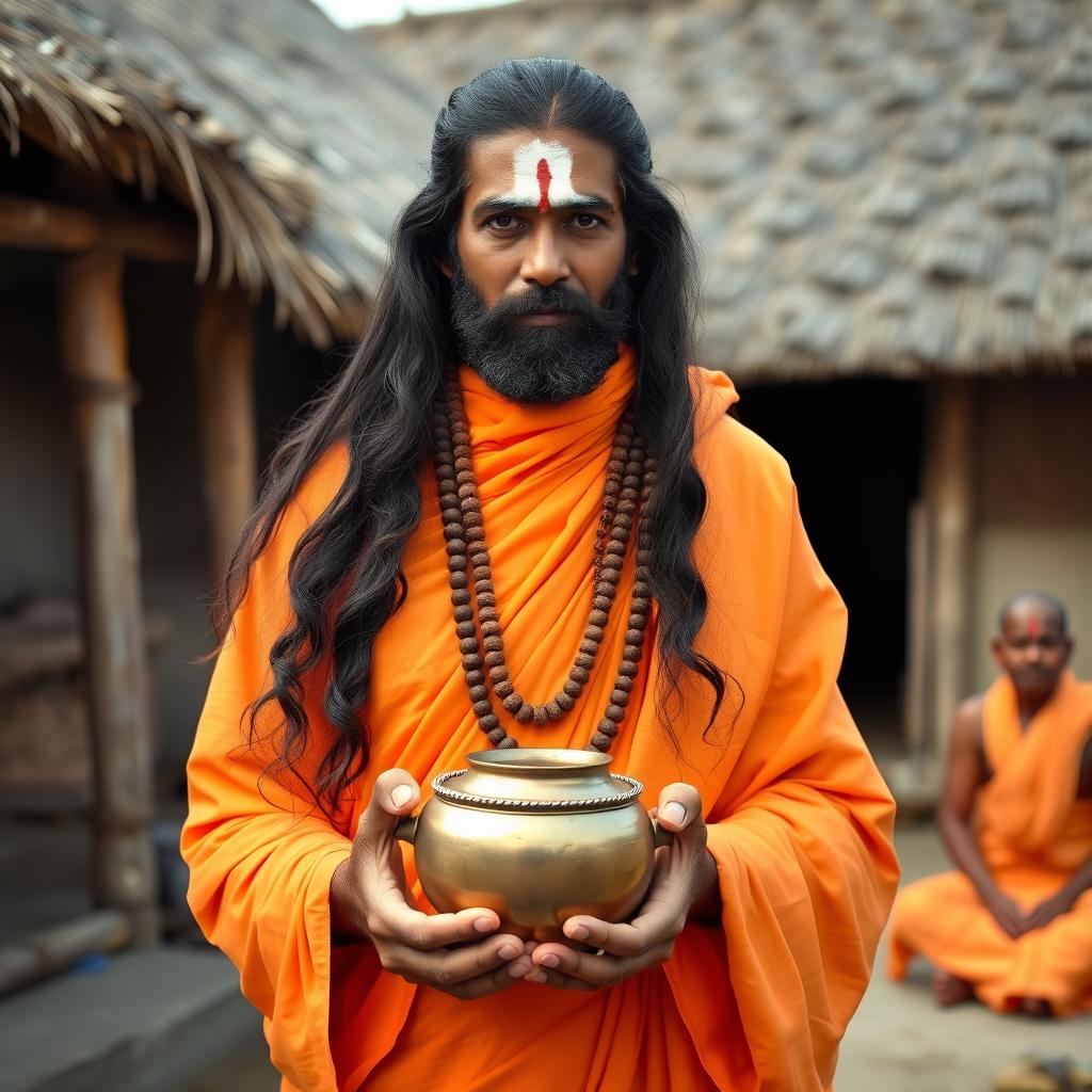 A person with long, wavy black hair and a thick beard, wearing traditional orange robes associated with spiritual figures