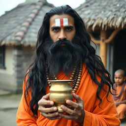 A person with long, wavy black hair and a thick beard, wearing traditional orange robes associated with spiritual figures