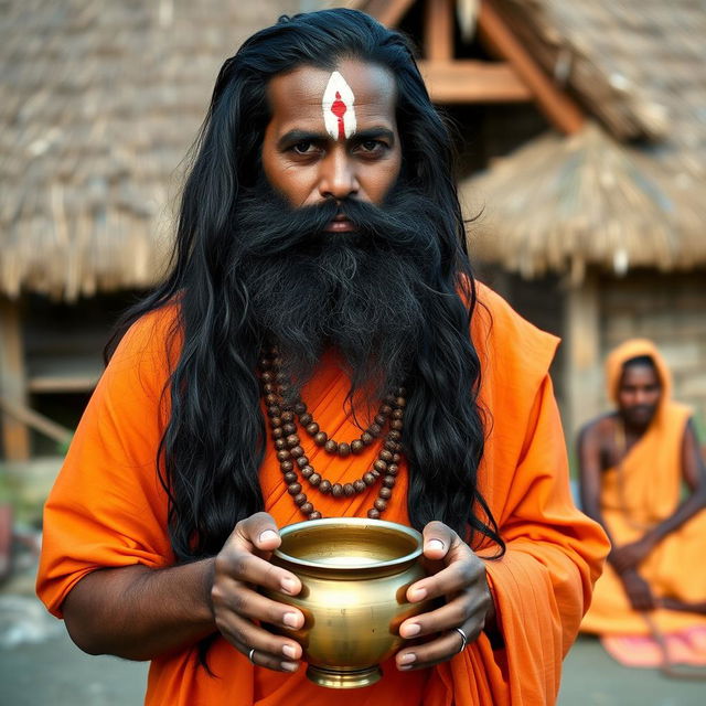 A person with long, wavy black hair and a thick beard, wearing traditional orange robes associated with spiritual figures