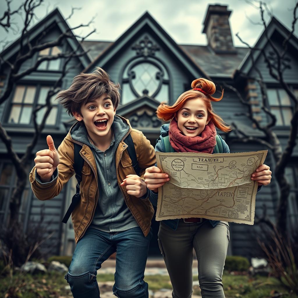 A lively scene depicting two adventurous young adults, Jack and Emma, bursting out of an old, haunted house