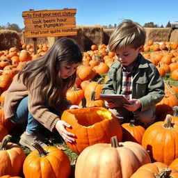 A vibrant pumpkin patch filled with various pumpkins in all shapes and sizes, with a sign that reads: 'To find your next clue, look beneath the pumpkin that's not quite round