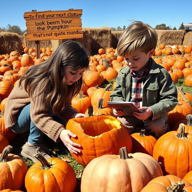 A vibrant pumpkin patch filled with various pumpkins in all shapes and sizes, with a sign that reads: 'To find your next clue, look beneath the pumpkin that's not quite round