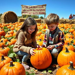 A vibrant pumpkin patch filled with various pumpkins in all shapes and sizes, with a sign that reads: 'To find your next clue, look beneath the pumpkin that's not quite round