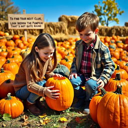 A vibrant pumpkin patch filled with various pumpkins in all shapes and sizes, with a sign that reads: 'To find your next clue, look beneath the pumpkin that's not quite round