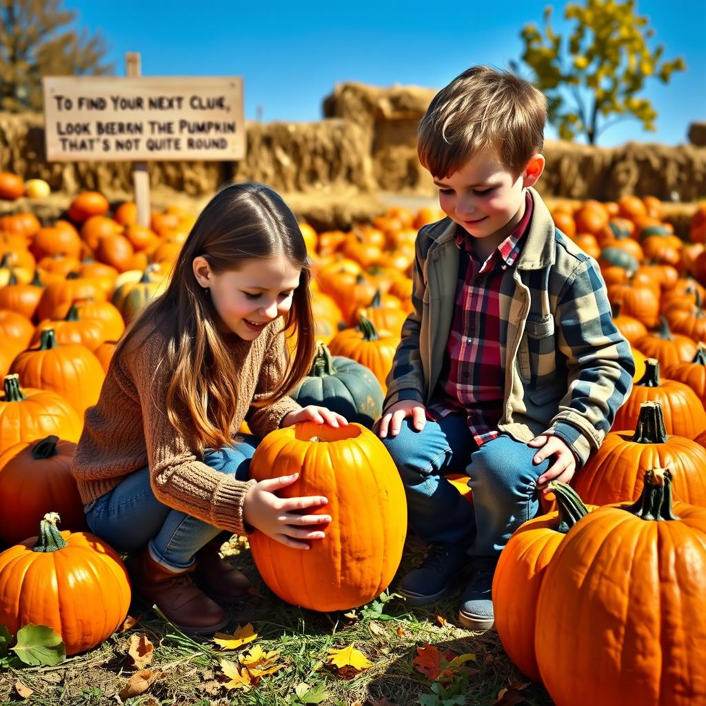 A vibrant pumpkin patch filled with various pumpkins in all shapes and sizes, with a sign that reads: 'To find your next clue, look beneath the pumpkin that's not quite round
