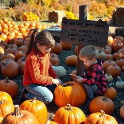 A lively pumpkin patch bustling with activity, showcasing a variety of pumpkins in different shapes and colors, illuminated by warm autumn sunlight