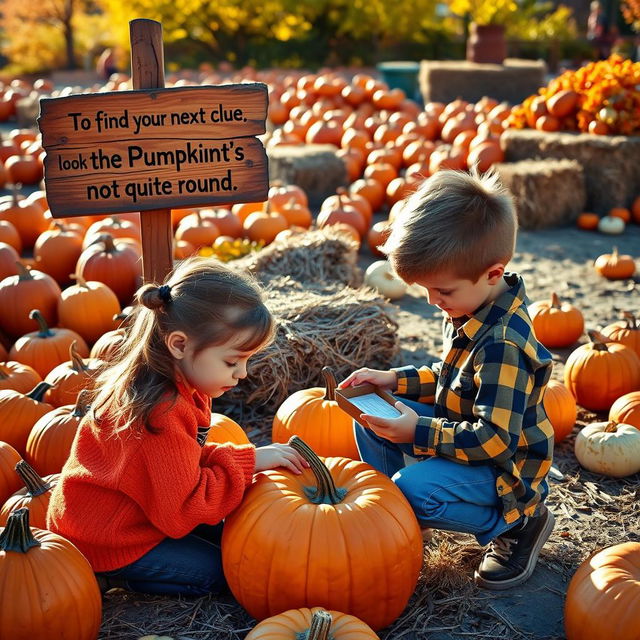 A lively pumpkin patch bustling with activity, showcasing a variety of pumpkins in different shapes and colors, illuminated by warm autumn sunlight