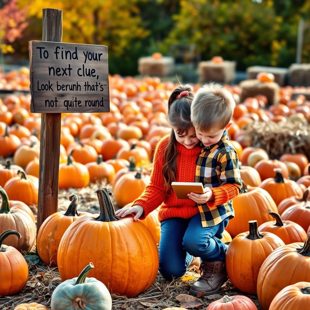 A lively pumpkin patch bustling with activity, showcasing a variety of pumpkins in different shapes and colors, illuminated by warm autumn sunlight