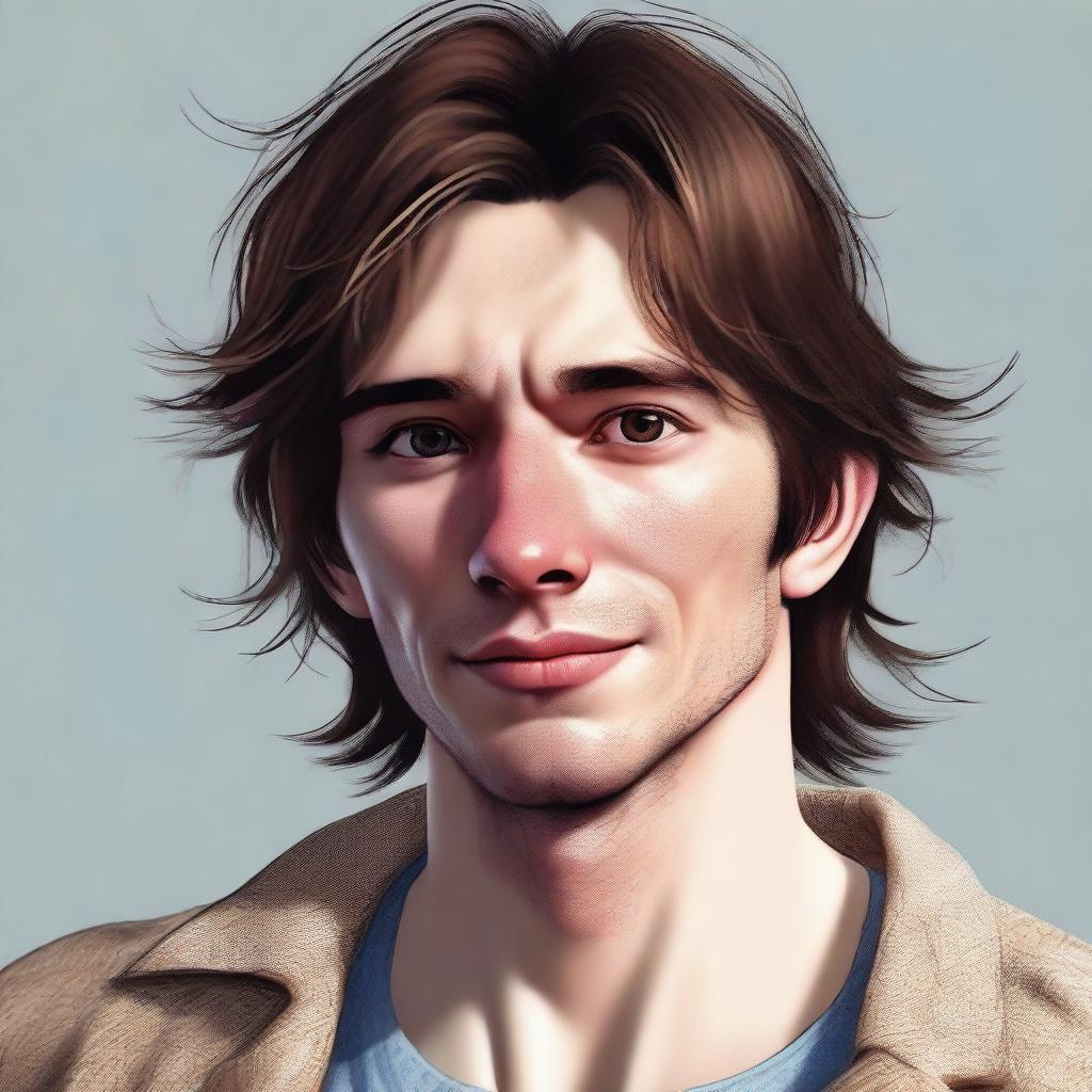 A realistic, high-quality digital art image of an adult who is lanky, dorky, with prominent crater-like acne scars and brown hair