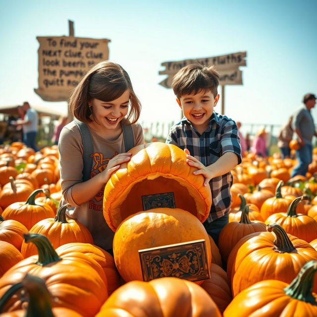 A vibrant pumpkin patch scene filled with various pumpkins of all shapes and sizes under a clear blue sky