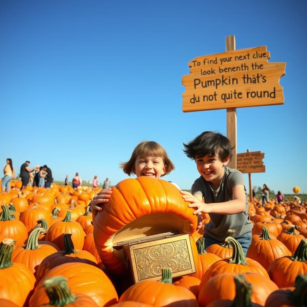 A vibrant pumpkin patch scene filled with various pumpkins of all shapes and sizes under a clear blue sky
