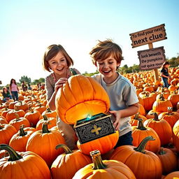 A vibrant pumpkin patch scene filled with various pumpkins of all shapes and sizes under a clear blue sky