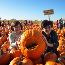 A vibrant pumpkin patch scene filled with various pumpkins of all shapes and sizes under a clear blue sky