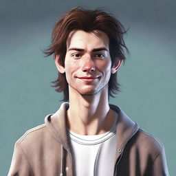 A realistic, high-quality digital art image of an adult who is lanky, dorky, with prominent crater-like acne scars and brown hair