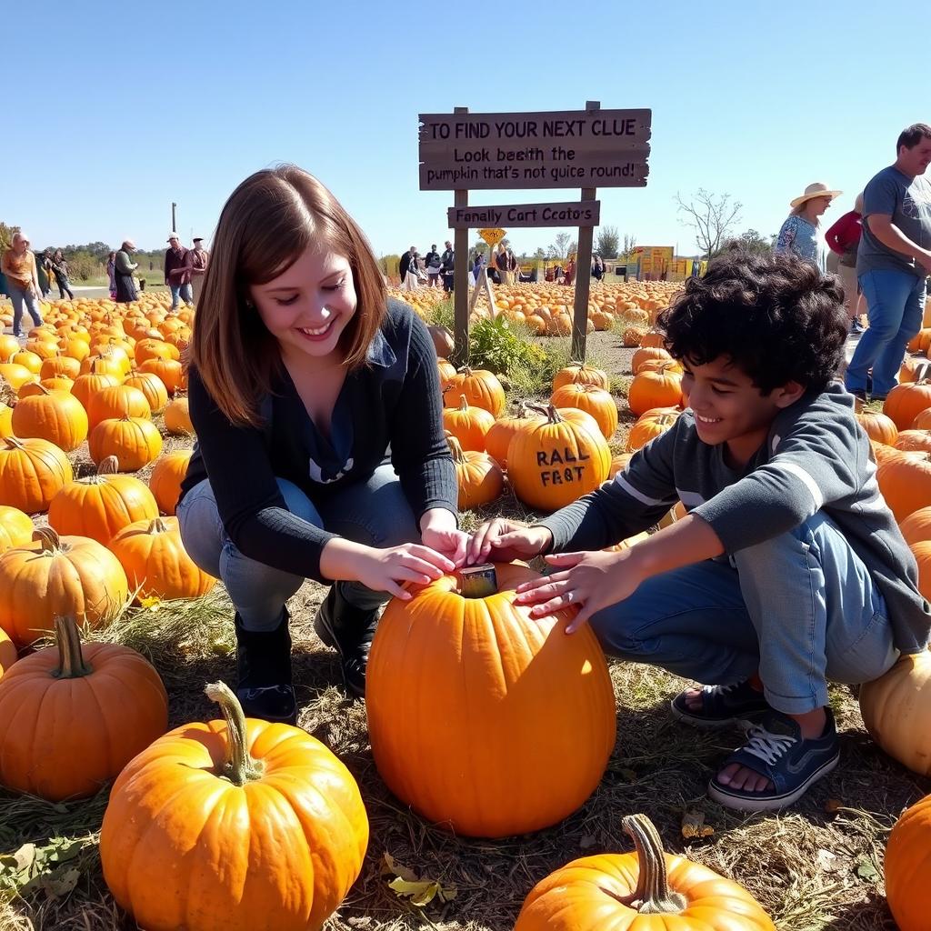 A lively pumpkin patch scene during a sunny day, featuring a variety of pumpkins scattered around in different colors and shapes