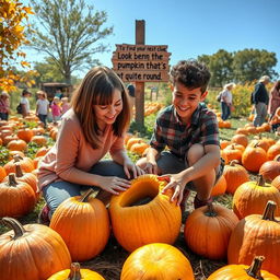 A lively pumpkin patch scene during a sunny day, featuring a variety of pumpkins scattered around in different colors and shapes