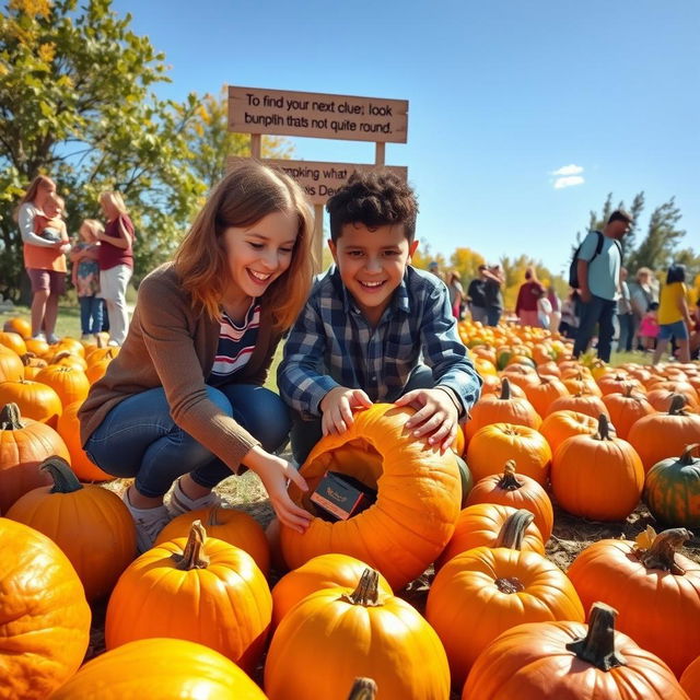 A lively pumpkin patch scene during a sunny day, featuring a variety of pumpkins scattered around in different colors and shapes