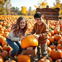 A cheerful pumpkin patch on a bright autumn day, featuring a wide array of pumpkins in various bright colors and unique shapes