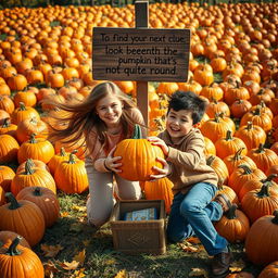 A cheerful pumpkin patch on a bright autumn day, featuring a wide array of pumpkins in various bright colors and unique shapes